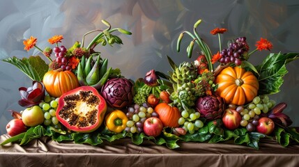 Obraz na płótnie Canvas A centerpiece crafted entirely from artistically carved fruits and vegetables, showcasing both beauty and deliciousness