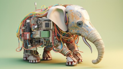 An elephant is standing in front of a green background with a lot of wires.