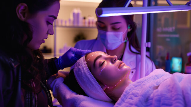 Innovative beauty tech workshop with professionals using advanced facial analysis tools on clients