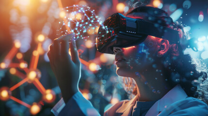 A female scientist investigates a neural network simulation with VR technology among vivid lights