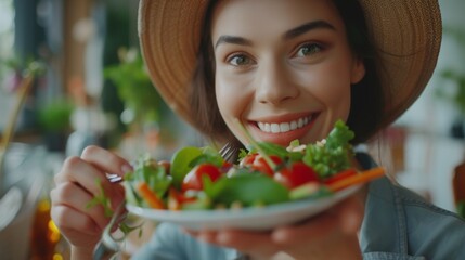 Diet, Dieting. Beautiful woman eat salad for weight loss, slim, good health. Female enjoy with nutrition, almonds, avocado, tomatoes, organic vegetable. Nutritionist healthy food. keto, vegetarian