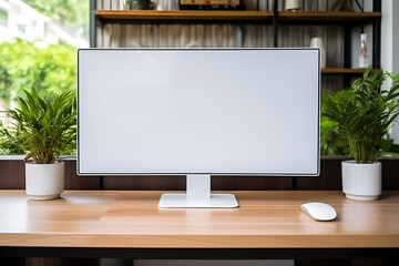 Mockup of modern computer with blank white screen on wooden desk