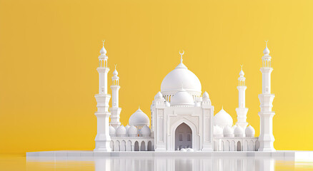 Obraz premium 3D white mosque on yellow background with copy space, composition, generative ai