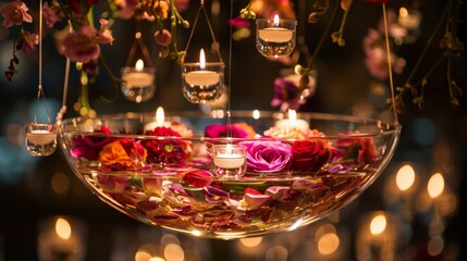 A breathtaking centerpiece with suspended flowers and candles in a glass bowl filled with water,...