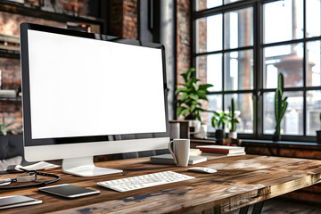 Mockup of modern computer with blank white screen on wooden desk