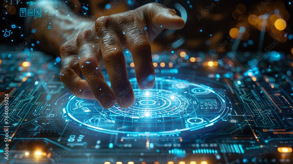 Aufkleber The artificial holographic screen is a holographic display that simulates the interaction between a businessman and the virtual desktop and allows him to manipulate elements using a robotic hand.