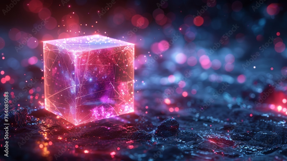 Poster Abstract digital data cube in technology futuristic wireframe style. Blue and purple isometric polygonal 3D boxes. Concept of blockchain, big data, and artificial intelligence.