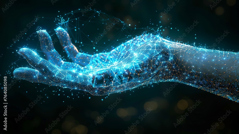 Aufkleber Symbol of digital programming code in futuristic light blue style on dark technological background. Java script and software development concept. Low poly wireframe modern illustration.