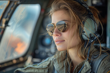 Portrait of a beautiful female pilot flying an airplane. - obrazy, fototapety, plakaty