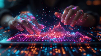 Technology hands holding tablets with growth histograms. Low poly stock market graph. Modern illustration over a dark background.