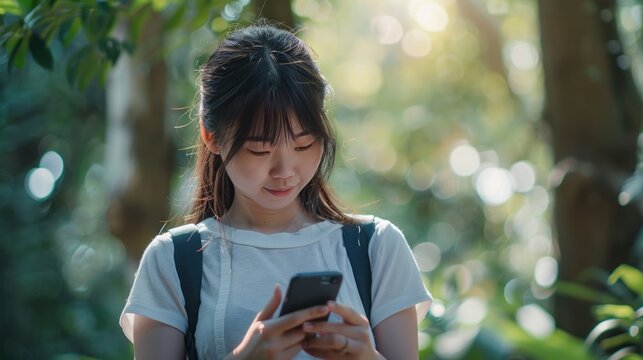 Beautiful Asian girl using smart phone with nature