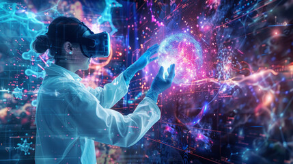 A scientist enveloped in a vivid digital cosmos, manipulates a bright energy cluster using VR technology