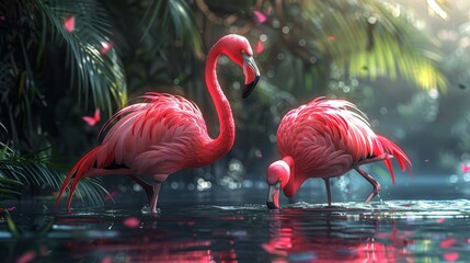 Flamingos in a tropical setting