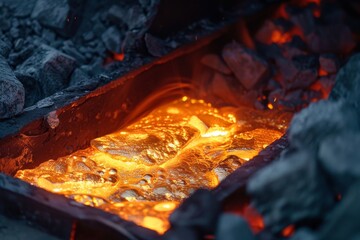 The glowing molten gold reflecting the flames of a furnace