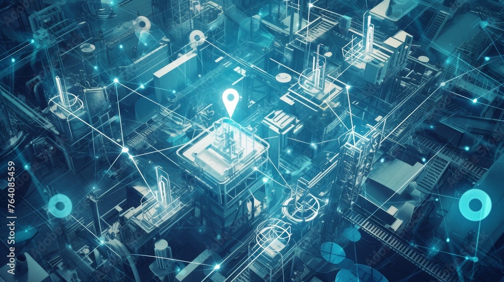 Poster Industry 4.0 concept. Communication network. Factory automation.