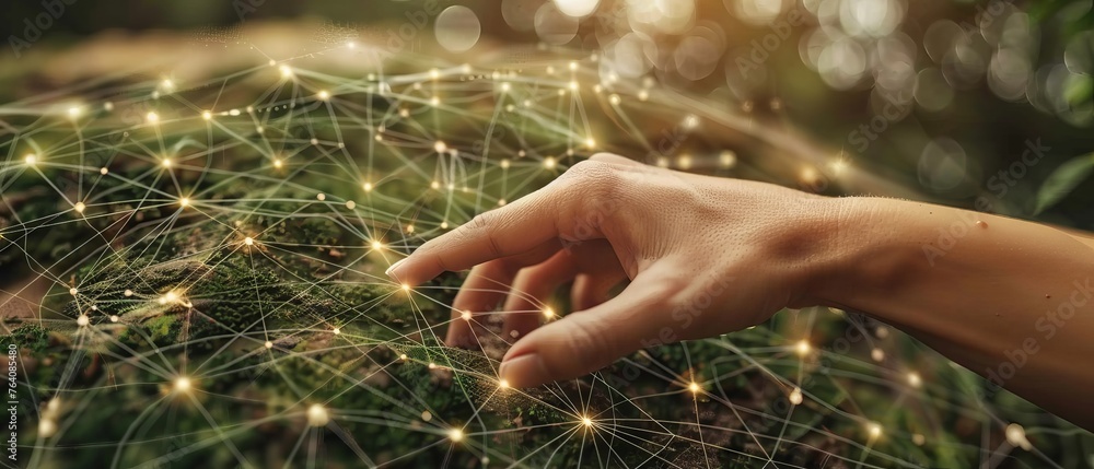 Aufkleber Rendering of a 3D businessman touching global networks and data exchanges around the globe