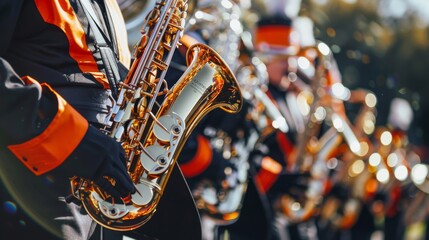 Showcase the dynamic contrast between saxophones and brass instruments in a marching band - obrazy, fototapety, plakaty