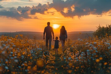 Silhouettes of a family holding hands amid wildflowers against a beautiful sunset evoke feelings of love and togetherness