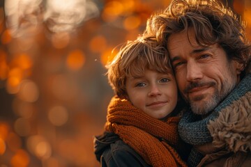 An emotive portrait of a father holding his son close, against an autumnal bokeh background - obrazy, fototapety, plakaty