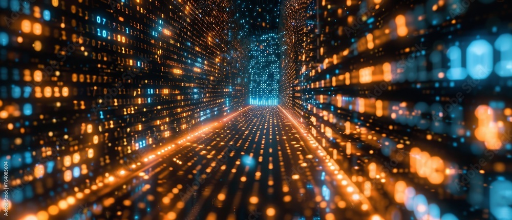 Poster The digital transformation concept. System engineering. Binary code. Programming.