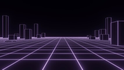 Abstract technology perspective grid with standing columns. Detailed wireframe landscape with lines on black background. Digital space with mesh and geometric shapes. 3d rendering.