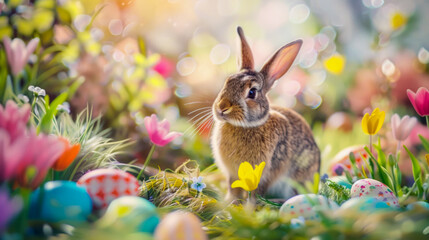 Design for an Easter card with a cute bunny on a spring meadow, with a bright and cheerful background of blooming tulips and eggs