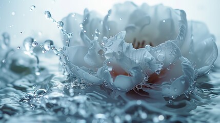 Close-up of splash of water with a flower shape on white background.