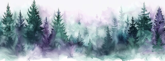 Watercolor painting of spruce forest. Coniferous foggy forest illustration. Fir or pine trees for Christmas design. Misty winter abstract background, holiday background - obrazy, fototapety, plakaty