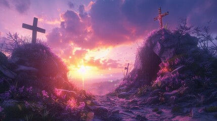 Resurrection - Crosses On Hill And Empty Tomb With Bright Light At Morning. Empty cemetery with crucifixion at sunset from cave mouth - obrazy, fototapety, plakaty