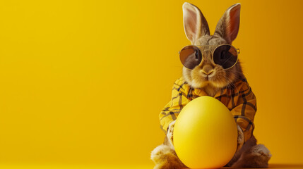 Happy Easter card with Easter bunny in sunglasses, shirt and tie with big yellow Easter egg, blank advertising background