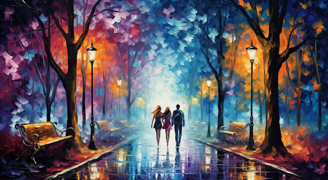 a painting of two people walking down a street in the rain under a street light with a bench and lampposts