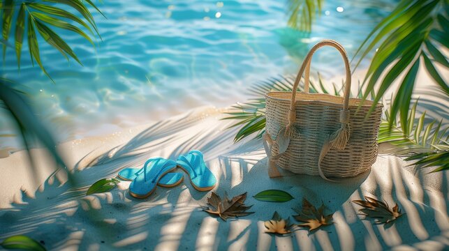 Beach Vacation, Summer on Tropical sand and accessories hat, bag, towel and fip flops on white sand with coconut leaves in side