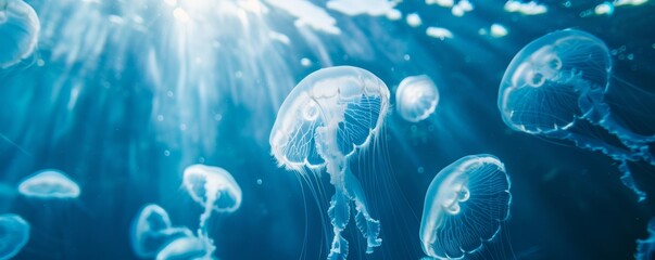Jellyfish swimming gracefully underwater with sunbeams filtering through