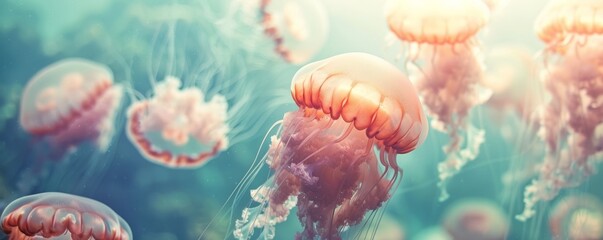 Swarm of jellyfish underwater with sunlight - obrazy, fototapety, plakaty