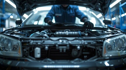 The mechanic working on a car engine in an auto repair shop, surrounded by tools and equipment, highlighting a hands-on, industrious atmosphere