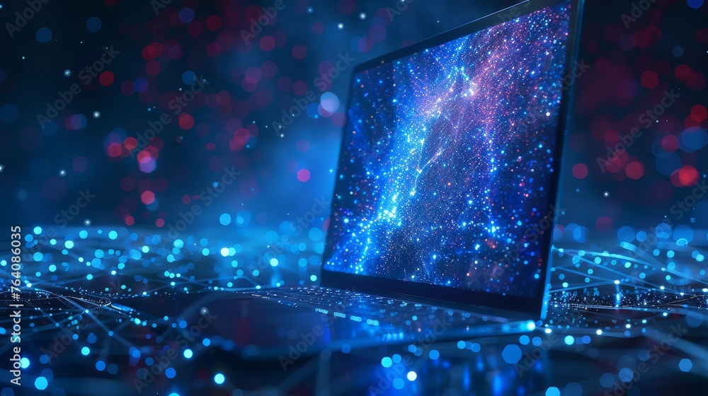 Poster Computers and technology concepts with low-poly starry sky and cosmos style. Abstract modern computerization theme in blue color. Devices polygonal theme.