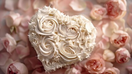 A romantic cake with a heart shape and delicate frosting details, perfect for an anniversary card