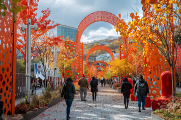 A recovering cityscape rejuvenated by public art installations and cultural events, attracting visitors and investment.