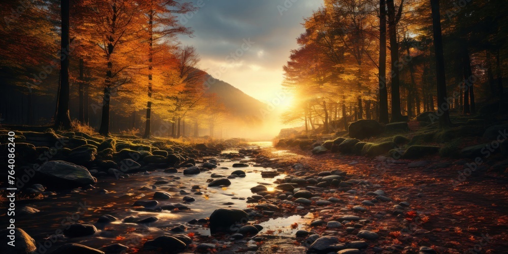 Poster stream flowing through colorful autumn forest generative ai