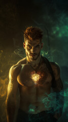 Fototapeta na wymiar handsome shirtless man with magical glows - paranormal supernatural - gnerative ai