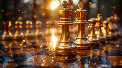 gold color chess board game, businessman moving chess figure in competition success play. strategy, management or leadership concept