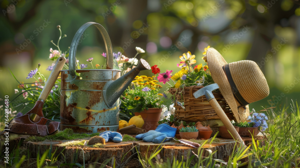 Canvas Prints A quaint gardening set with a wicker basket and colorful blooms is arranged on a tree stump.