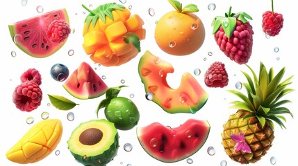 There are many juicy and fresh fruits in this set, including watermelon, pineapple, raspberry, tea, and dew drops. 3D modern realistic set in high quality 50MB EPS. - obrazy, fototapety, plakaty