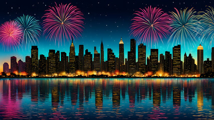 New Year fireworks, city skyline night view
