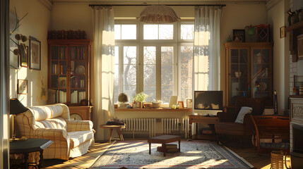 A comfortable European-style living room with simple decor on a sunny spring day