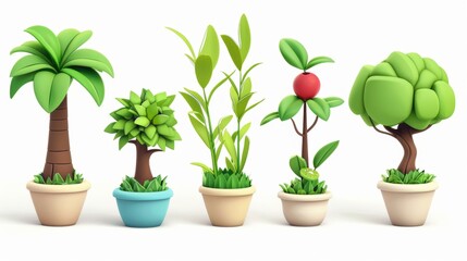 Grass, potted houseplant, tree, grass, 3D modern cartoon icon set