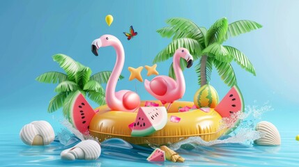 Festive summer background. 3D modern realistic illustration. Flamingo inflatable toy, watermelon, palm trees, shell, splash of water. - obrazy, fototapety, plakaty
