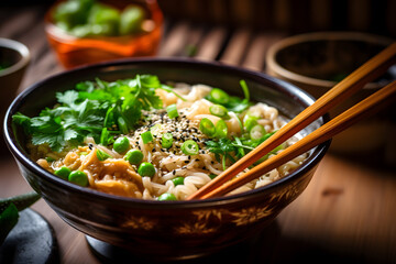 A closeup of chopsticks picking up ramen noodles from a bowl