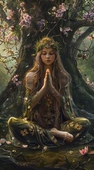Illustration of a Sacred and Divine Meditation in the Earth Maiden Spring Style created with Generative AI Technology