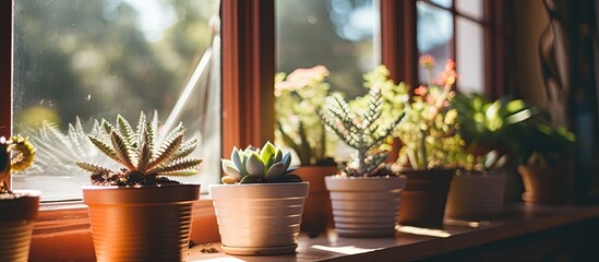 There is an abundance of various potted plants lined up neatly on a windowsill
